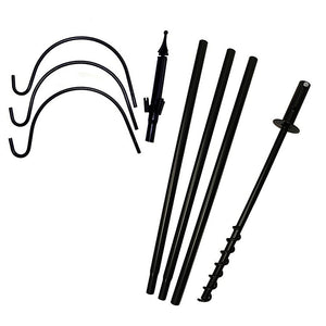 Super Tall Trio Hanger unassembled, showing ground-screw base, four pole sections, decorative top, and three S-hooks. Ideal for hanging lights, lanterns, or plants.
