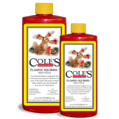 Cole's Flaming Squirrel Seed Sauce bottle, designed to mix with bird seed, featuring natural Habanero chili peppers to repel squirrels effectively.
