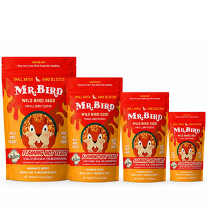 Mr. Bird Flaming Hot Feast wild bird seed shown in 2, 4, 8, and 14 lb bags