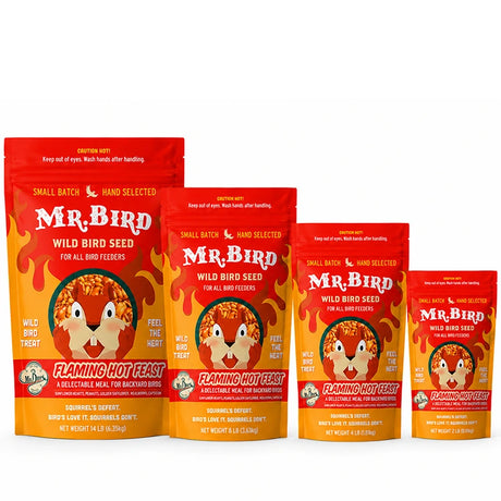 Mr. Bird Flaming Hot Feast wild bird seed shown in 2, 4, 8, and 14 lb bags