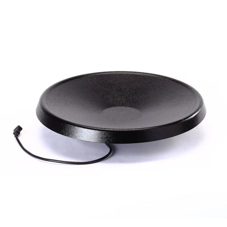 Deck Mount Heated Bird Bath with a saucer-shaped design, featuring a concave dish style and attached coaxial cable, ideal for inviting birds to preen.