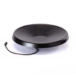 Deck Mount Heated Bird Bath with a saucer-shaped design, featuring a concave dish style and attached coaxial cable, ideal for inviting birds to preen.