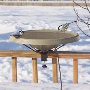 Deck Mount Heated Bird Bath clamped to a snowy deck rail, with a red-breasted nuthatch and black-capped chickadee perched on its rim.