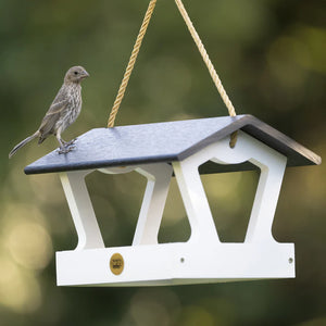 Modern Farmhouse Fly-Thru Bird Feeder with a sparrow perched on it, showcasing its open platform design and durable build from recycled plastic.