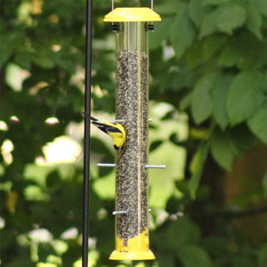 Nature's Way Bottoms Up Metal Thistle Finch Bird Feeder with a goldfinch feeding, features dual-direction seed ports and a durable, easy-clean design.