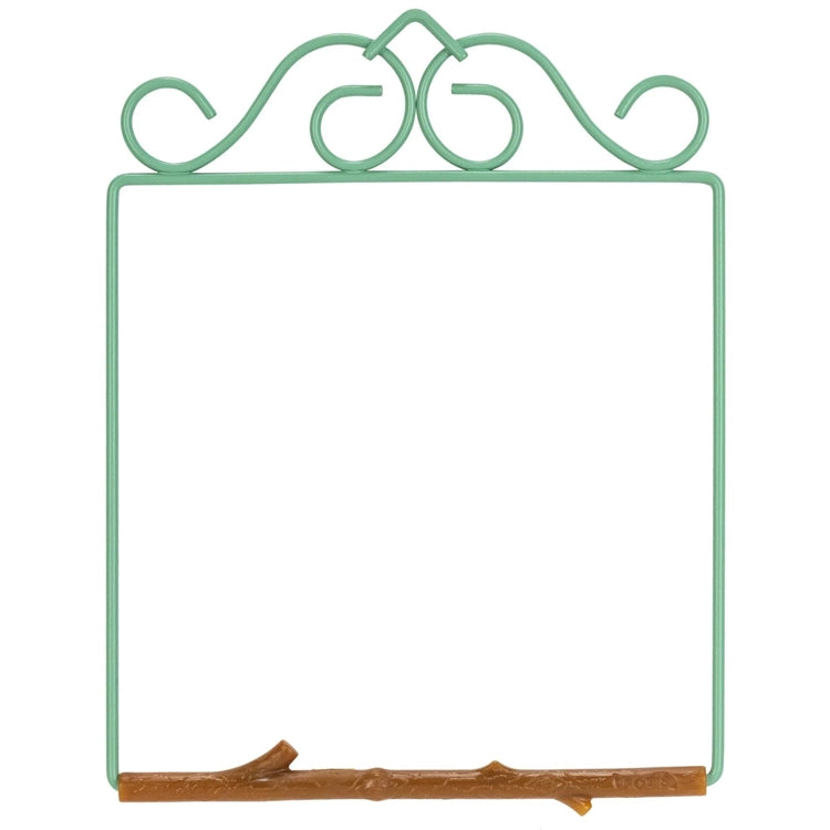 A decorative metal picture frame with a mint green scrollwork top and a rustic brown branch base, shown on a plain white background.