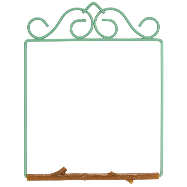 A decorative metal picture frame with a mint green scrollwork top and a rustic brown branch base, shown on a plain white background.