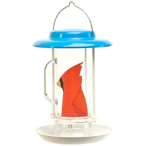 Bird feeder with a blue top and clear body featuring a red cardinal design on a white background