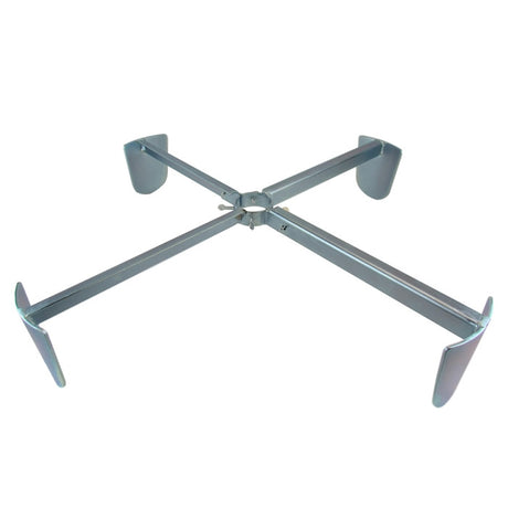 Squirrel Stopper Universal In-Ground Pole Stabilizer, a metal object with four shovel-shaped legs, designed to anchor and steady birdfeeder poles up to 2 inches in diameter.