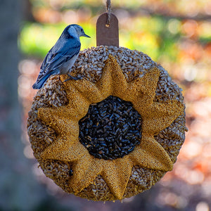 Sunflower Seed Wreath with a nuthatch perched, featuring black oil sunflower seeds center, yellow millet petals, and sunflower kernel edge, hanging by twine.