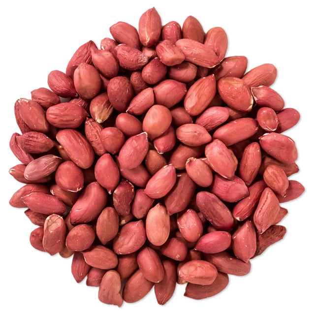 Cole's Raw Shelled Peanuts Wild Bird Seed, 5-lb bag, ideal for attracting birds like woodpeckers and jays, shown in a pile highlighting its shell-free, natural form.