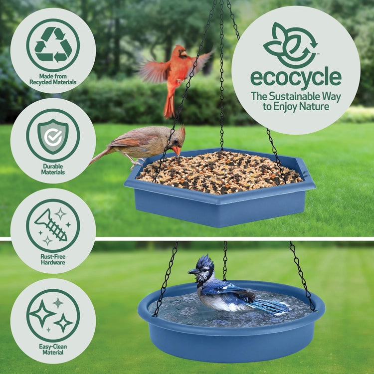 Nature's Way Combo Café 2-in-1 Recycled Plastic Bird Feeder and Bird Bath with cardinals feeding and blue jay bathing; features recycled, durable, rust-free, easy-clean materials.