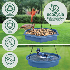 Nature's Way Combo Café 2-in-1 Recycled Plastic Bird Feeder and Bird Bath with cardinals feeding and blue jay bathing; features recycled, durable, rust-free, easy-clean materials.