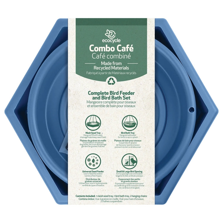 Nature's Way Combo Café 2-in-1 Recycled Plastic Bird Feeder and Bird Bath set includes a mesh seed tray, bird-bath tray, and hanging chains.