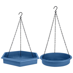 Nature's Way Combo Café 2-in-1 Recycled Plastic Bird Feeder and Bird Bath features hexagonal and circular trays, suspended by black metal chains for birds.