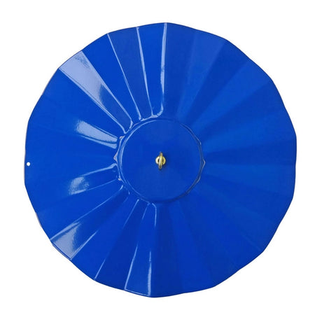 14 All Weather Guard, Blue: Glossy blue metal disc with scalloped edges, central brass knob, and mounting hole, designed to protect small feeders from weather elements.