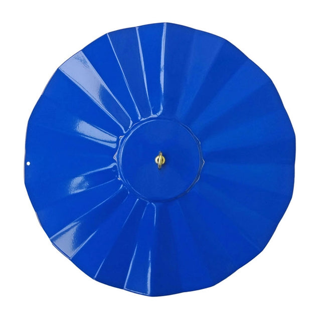 14 All Weather Guard, Blue: Glossy blue metal disc with scalloped edges, central brass knob, and mounting hole, designed to protect small feeders from weather elements.