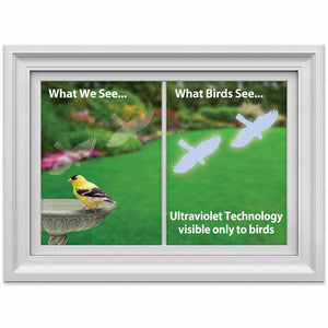 Hawk WindowAlert Decals, set of 2, shown on a window to prevent bird strikes. Features translucent design, reflecting UV light visible to birds.