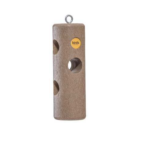 Recycled Suet Log bird feeder with drilled holes for suet, textured to resemble tree bark. Includes eye hook for hanging, accommodates three suet logs.