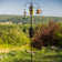 Squirrel-Proof Super Tall Quad Hanger featuring a three-arm pole with squirrel baffle, set in a grassy outdoor area, holds multiple bird feeders.