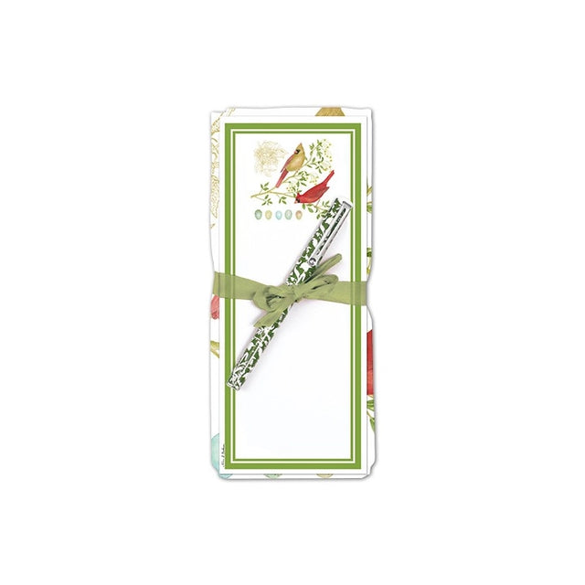 Flour Sack Towel & Magnetic Note Pad Set, Cardinal Pair, featuring a slim card bundle with green borders, bird illustrations, wrapped in a ribbon with a matching pencil.