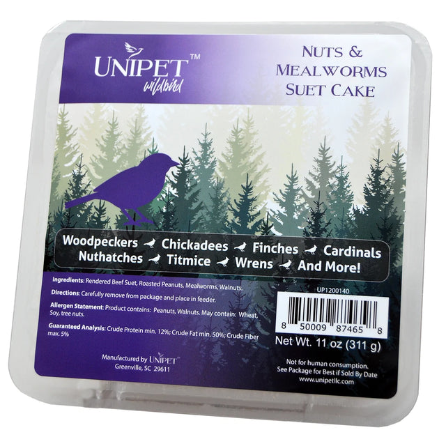 Nuts & Mealworms Suet, 12 Cakes: Packaged suet block with beef suet, peanuts, mealworms, walnuts; attracts woodpeckers, chickadees, nuthatches; 11 oz each; allergen warning for peanuts, tree nuts.