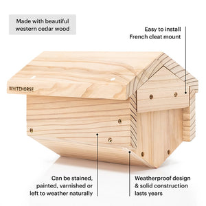 Wooden bee house with paper tubes, featuring a large roof overhang and dado joint construction, includes mounting cleat, screws, and installation guide.