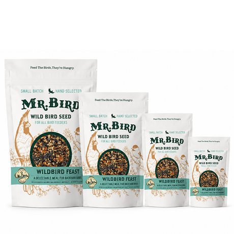 Four Mr. Bird Wild Bird Seed bags in different sizes arranged in ascending order against a plain white background.