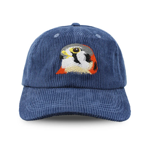 American Kestrel Corduroy Hat, Midnight Spruce, featuring a blue corduroy design with an embroidered kestrel head, adjustable strap, and six-panel crown.