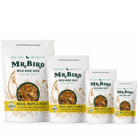 Mr. Bird Bugs, Nuts & Fruit wild bird seed bags shown in 2, 4, 8, and 14 lb sizes