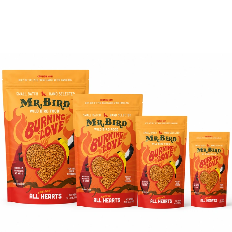 Mr. Bird Burning Love hot sunflower hearts bird food shown in 2, 4, 8, and 14 lb bags