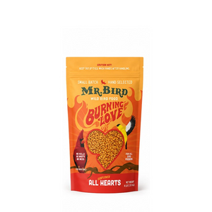 Mr. Bird Wild Bird Food 'Burning Love' All Hearts gourmet container, 4 oz pouch, featuring a bright orange and red design with a heart-shaped bird seed window and a bird illustration.