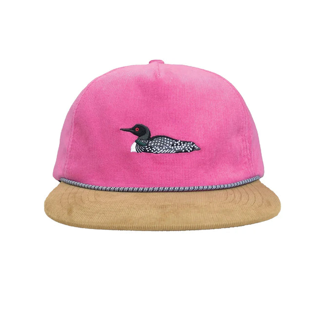 Loon Corduroy Hat, Hot Pink: A 5-panel cap with pink crown, tan brim, loon embroidery, and woven rope detail, ideal for outdoor enthusiasts.